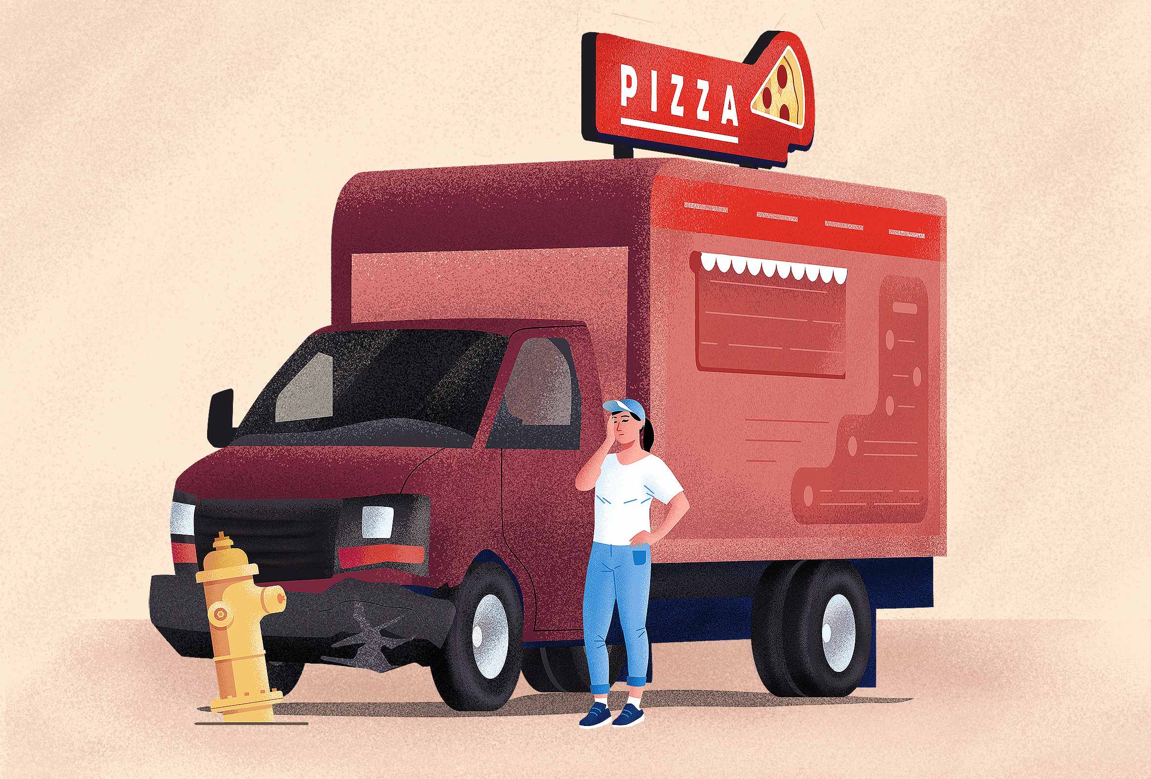 The pizza van has hit a fire hydrant. The driver is outside the van looking at the damage. The pizza van has hit a fire hydrant. The driver is outside the van looking at the damage.