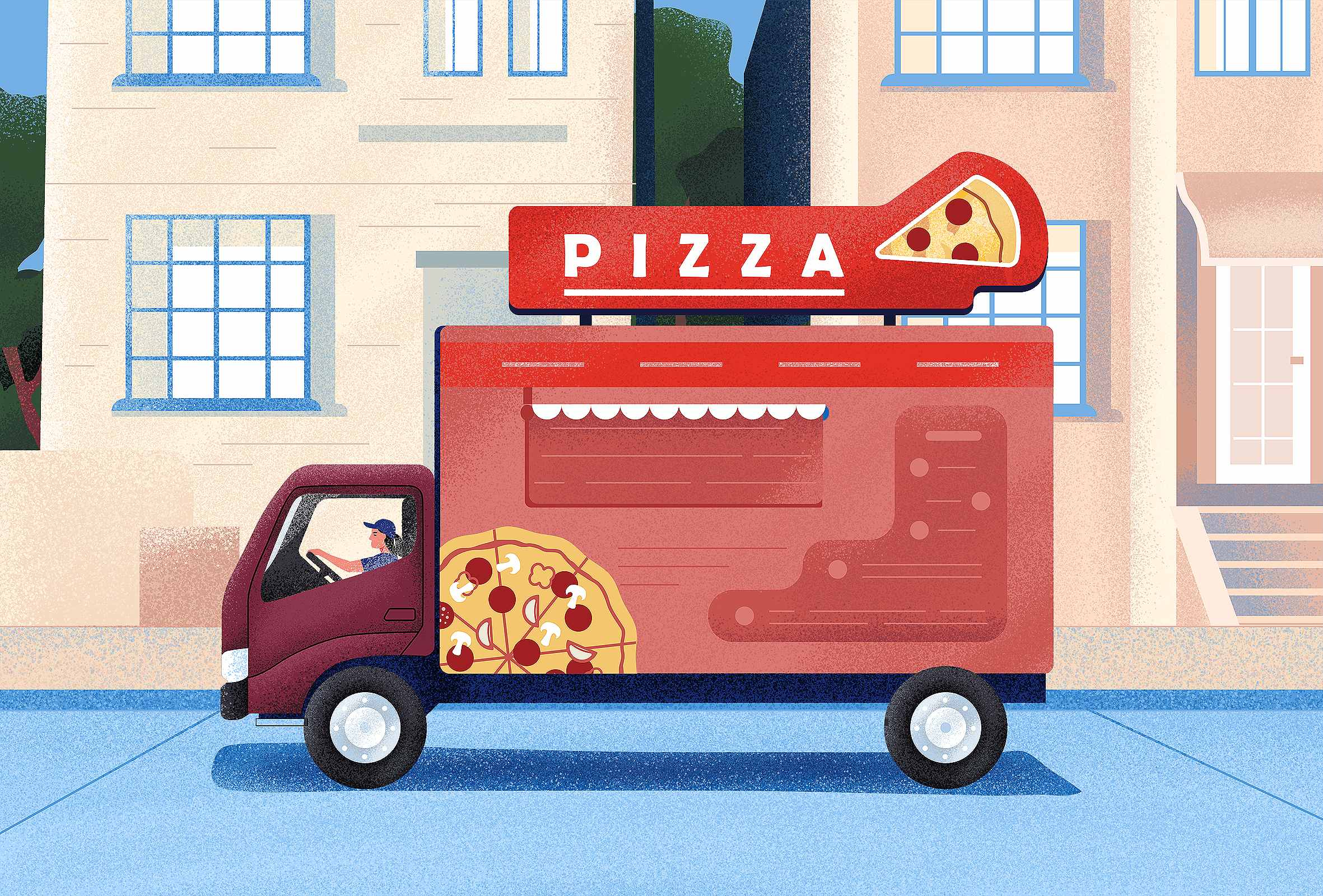 A woman is driving a pizza delivery van in a neighbourhood. A woman is driving a pizza delivery van in a neighbourhood.
